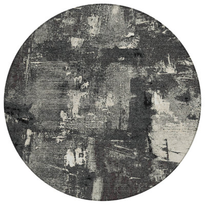 Tapis extérieur rond lavable abstrait 8 pi noir et gris