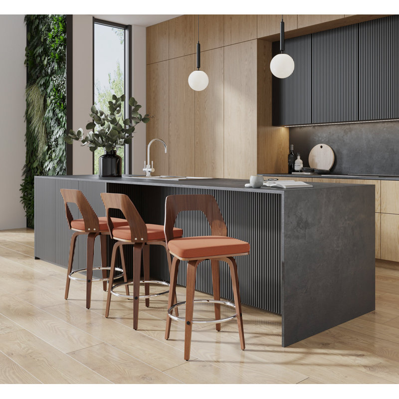 Mid-Century Walnut and Orange Swivel Counter Stools, Set of 2