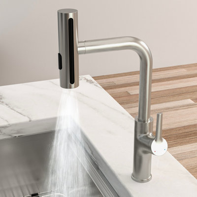 Brushed Nickel 360 Pull - Down Faucet For Kitchen Sink With 4 Spray Patterns, Splash Operation, Long Lasting Ceramic Cartridge, All Necessary Accessories Setup, Stylish Upgrade Function Finish,