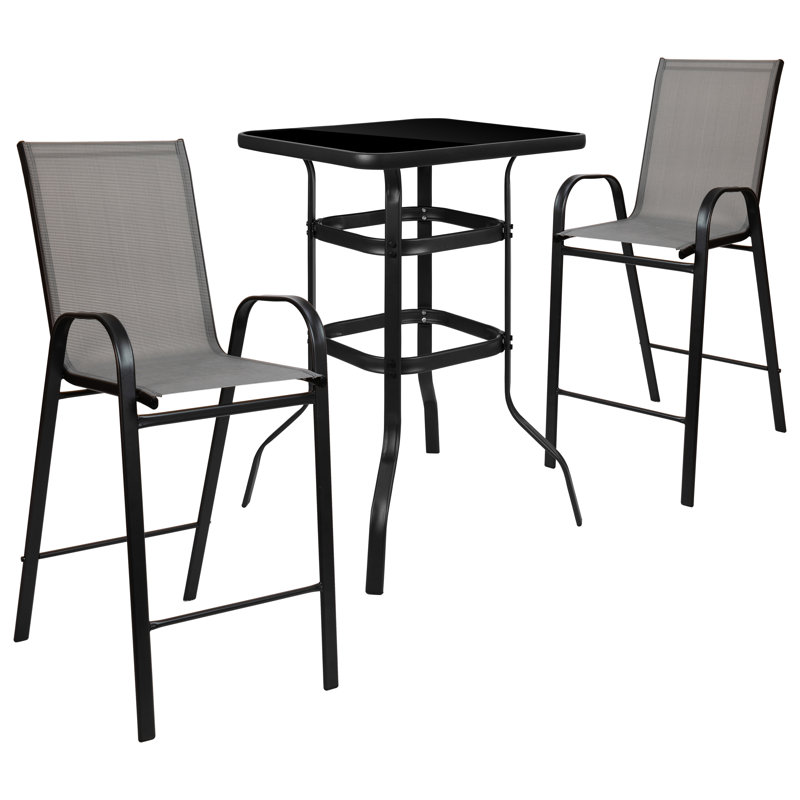 Advika 3 Piece Outdoor Bar Height Set with Glass Patio Bar Table and All-Weather Barstools, Gray