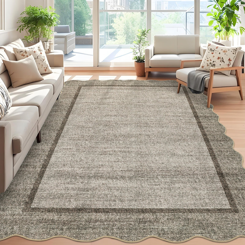 Scalloped Machine Washable Rug Non-Slip Bordered Floor Mats Non-Shedding Soft Low Pile Modern Accent Rugs for Living Room Bedroom Office