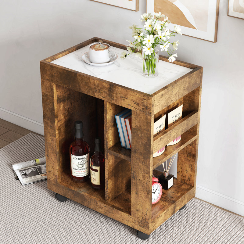 Mid-Century Modern Style Movable Side Cabinet For Sofa, Household Brown Trolley Storage Locker And Shelf For Living Room.