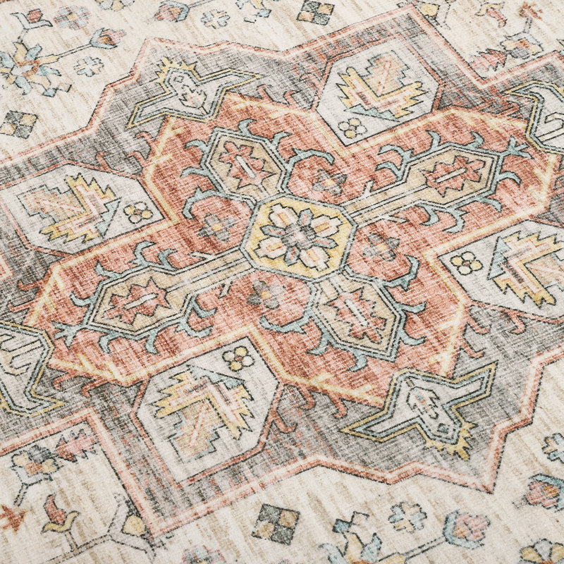 Washable Boho Floral Large Area Rug. Vintage Lattice Printed Low Pile Non Slip Foldable Indoor Carpet. Light Brown. 9'x12'