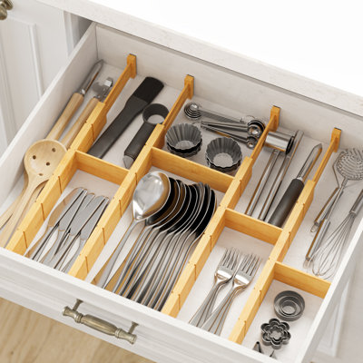 Bamboo Drawer Dividers with Inserts and Labels - Adjustable Expandable Organizers for Kitchen, Home, Office, Dressers, 4 Dividers with 9 Inserts