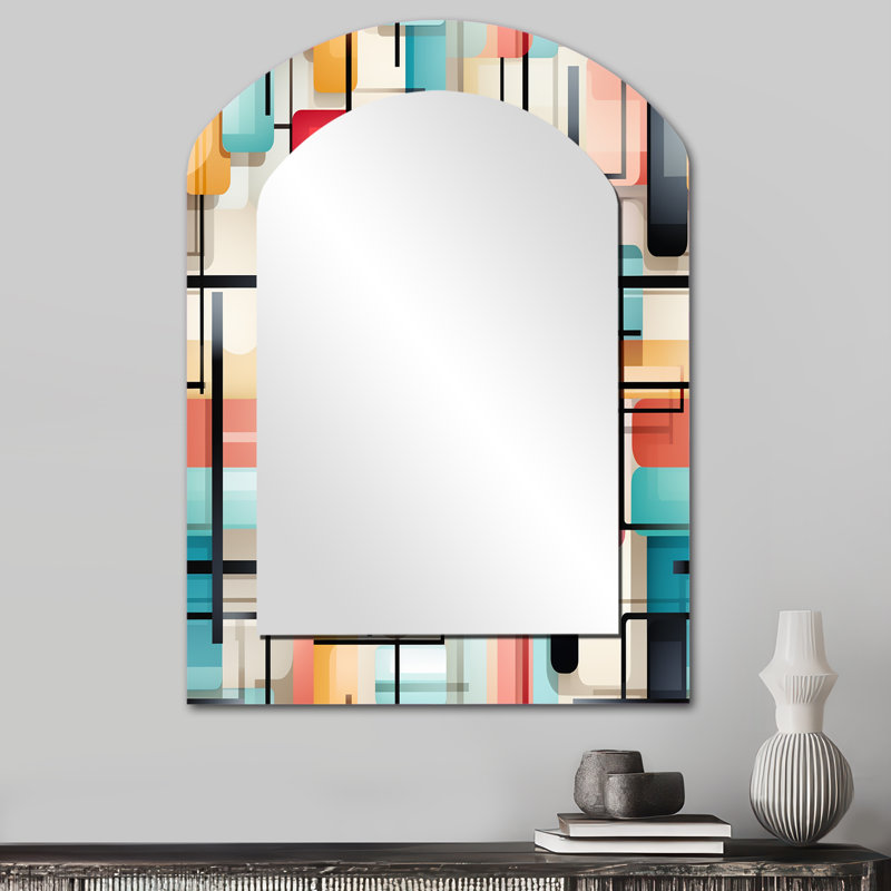 Gridlock géométrique vert et rose - Miroir décoratif géométrique en arche sur métal, 34 po x 25 po