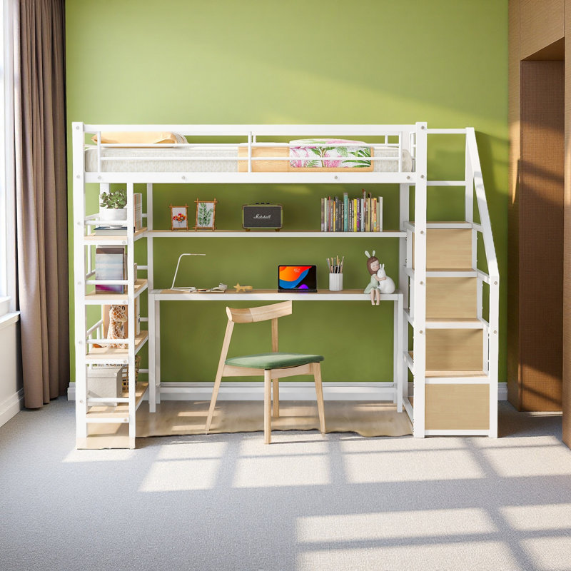 Lit mezzanine simple en métal avec escalier, bureau intégré et tablettes de rangement