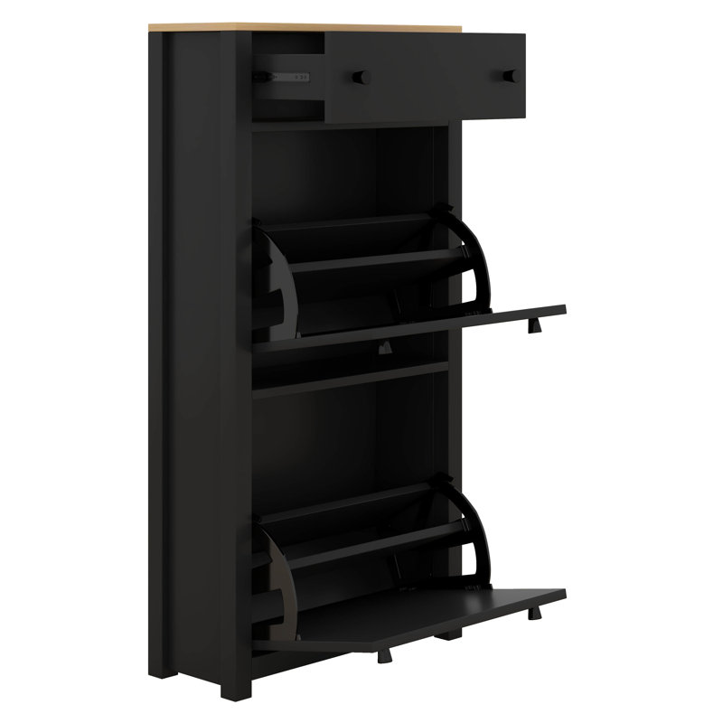 Ensemble d'armoire à chaussures mince avec 4 tiroirs rabattables, plateau à motif de grain de bois, solution de rangement pour chaussures avec panneau réglable, tiroirs