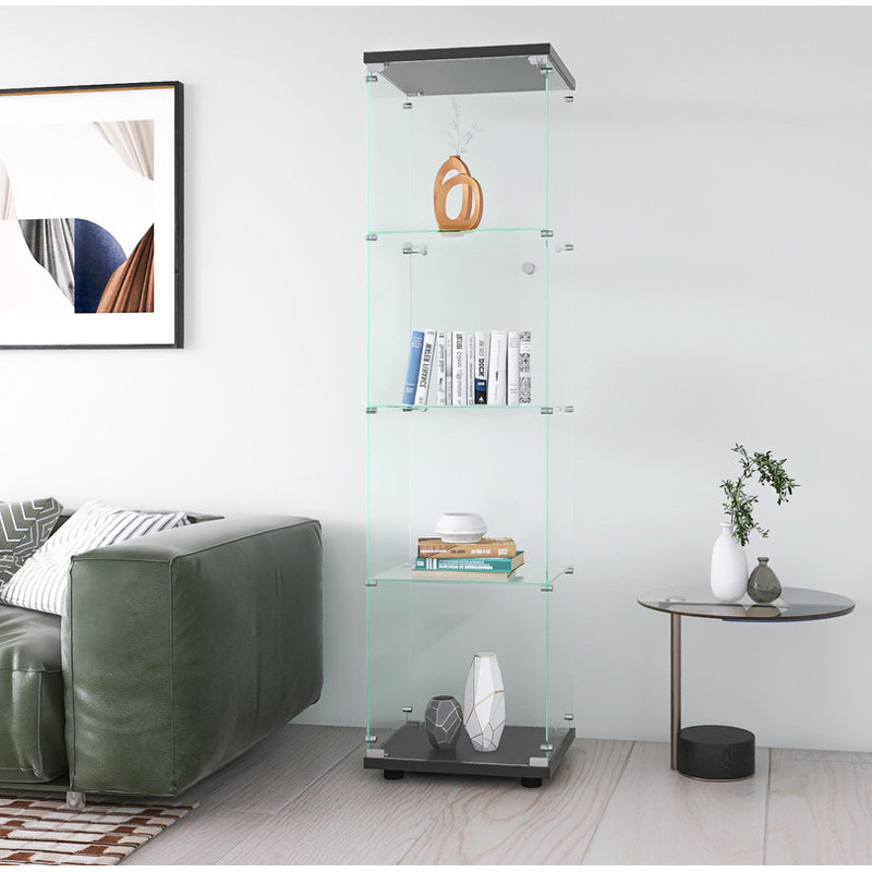 Black Glass Display Cabinet - 4 Shelves, 64.7" Height, Floor Standing