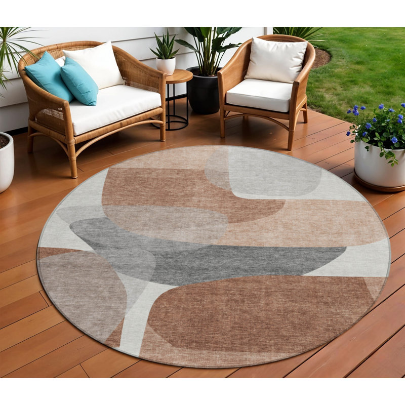 Tapis extérieur rond lavable abstrait 8 pi rouille et gris