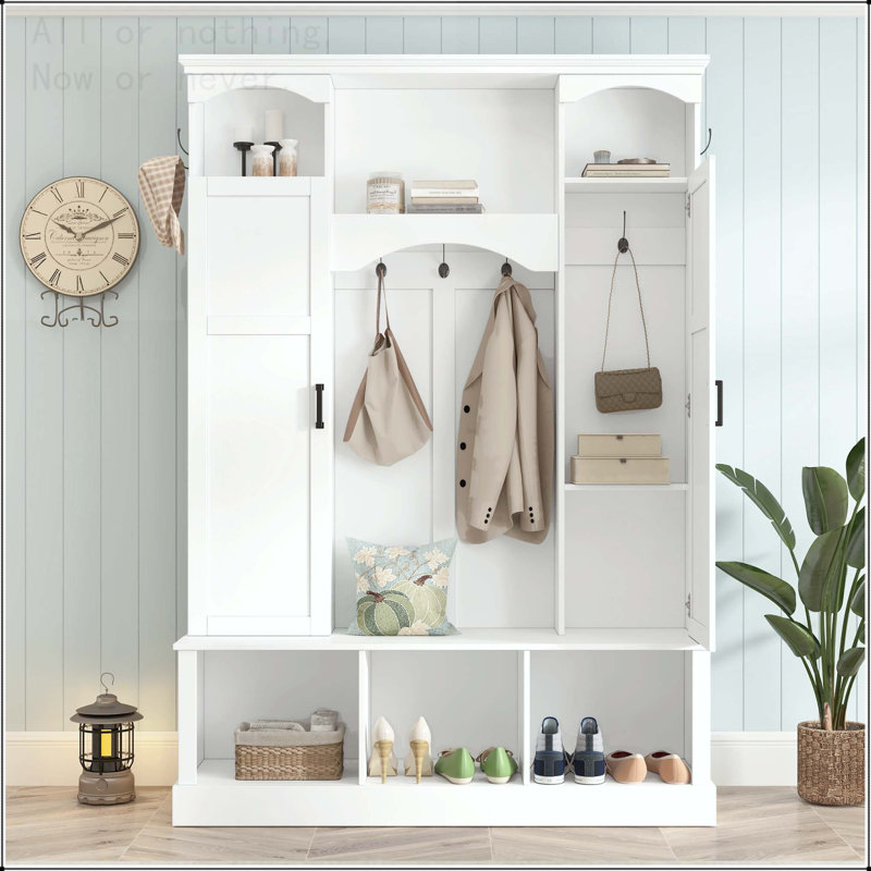 All-in-One Hall Tree with Adjustable Side Cabinets and 7 Hooks, White