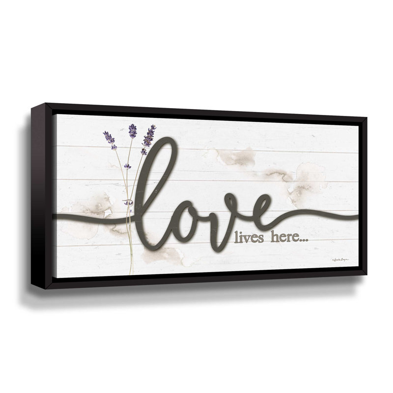 «Love Lives Here», art textuel sur toile, Cadre flottant noir, H 18 po x l 36 po x P 2 po