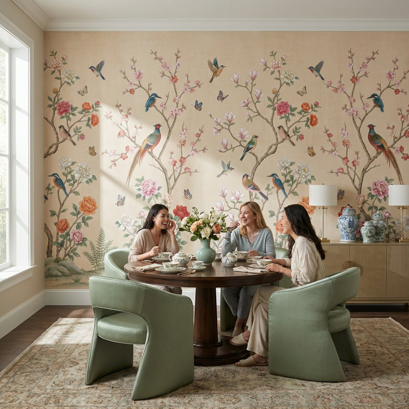 Papier peint floral Chinoiserie Nature, 120" x 96", Peler et coller