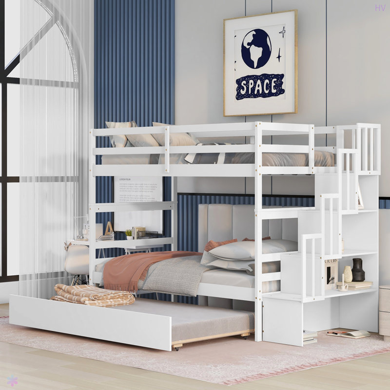 Lits simples superposés avec lit gigogne simple et fonction de rangement pour escalier, Blanc