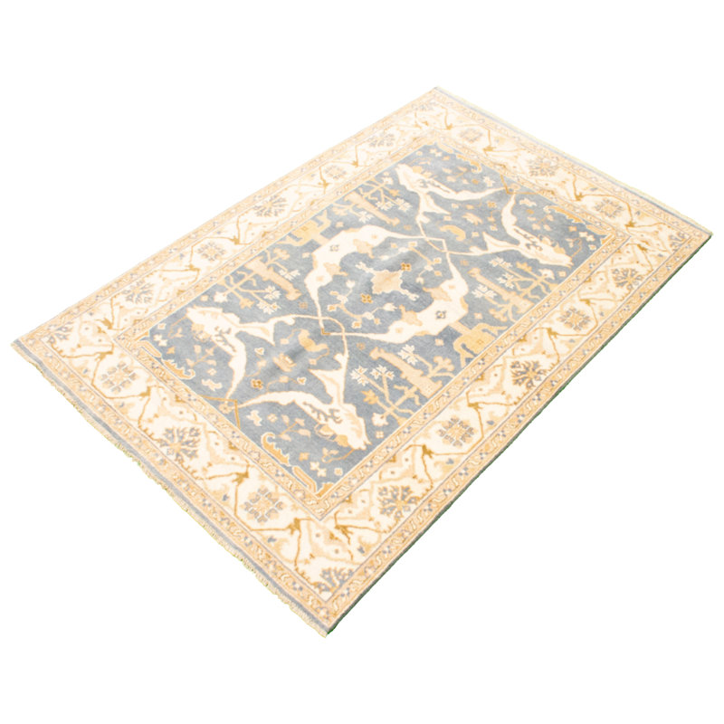 Tapis décoratif en laine noué à la main de conception unique 6 pi 1 po x 8 pi 11 po Dezzie Ivoire/gris
