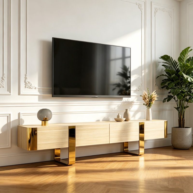 Meuble télé 79 po, console multimédia de luxe avec pieds en acier inoxydable doré, 2 tiroirs et 2 armoires