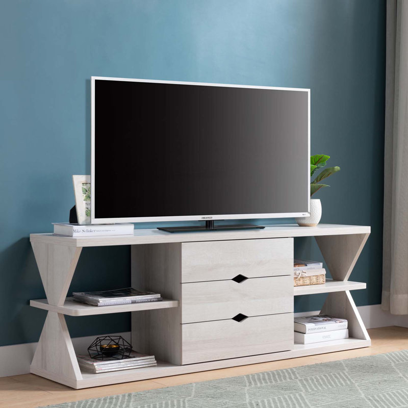 Meuble télé moderne avec quatre tablettes ouvertes et trois tiroirs de rangement - Chêne blanc