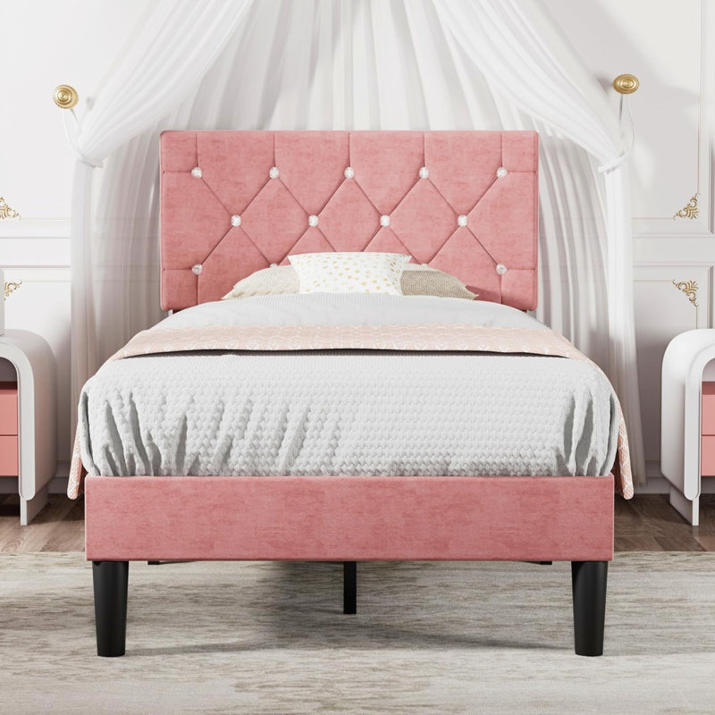 Lit simple avec plateforme tapissier et tête de lit capitonnée réglable, Rose