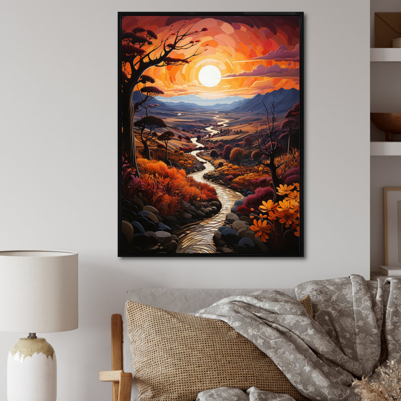 «Countryside Crimson Sunset Landscape I», reproduction sur toile, H 40 po x l 30 po x P 1,5 po, Cadre flottant noir
