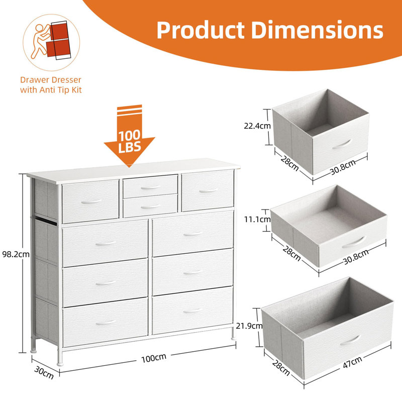 101 cm W Chest of 10 Drawers, White