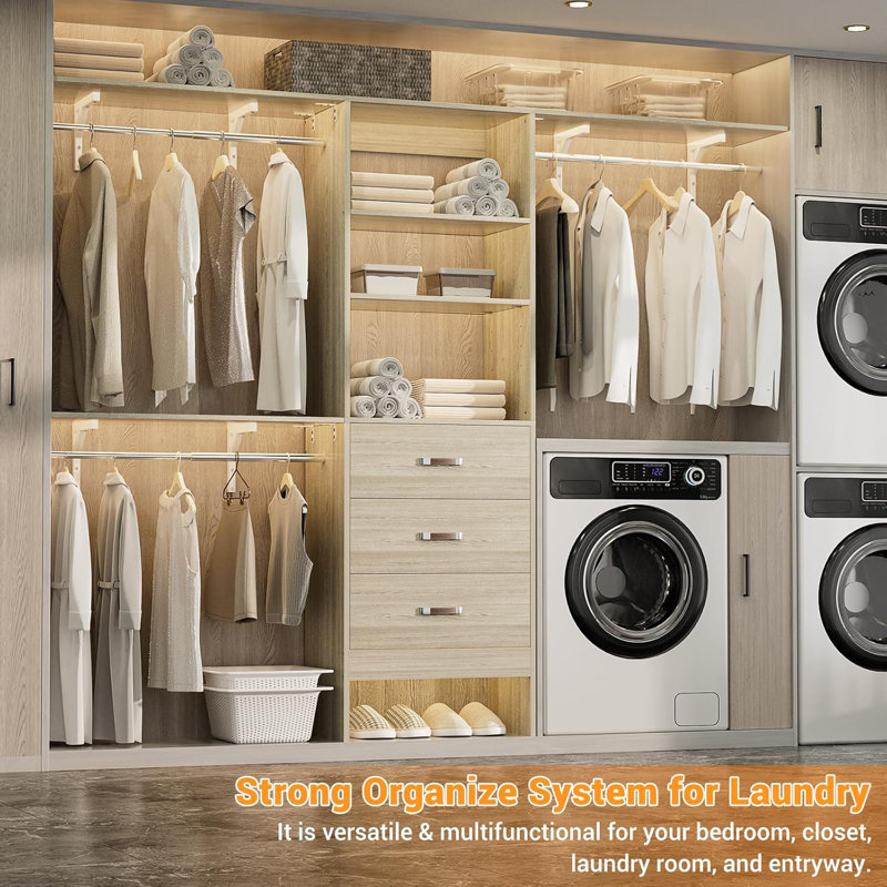 20.2'' - 96'' W Closet System with Wooden Drawers and Hanging Rods(cut To Fit), White/Oak