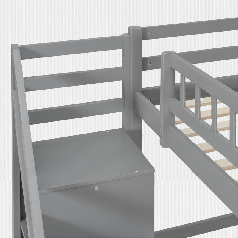 Loft Bed With Built-In Desk And Storage Staircase, Double, gris