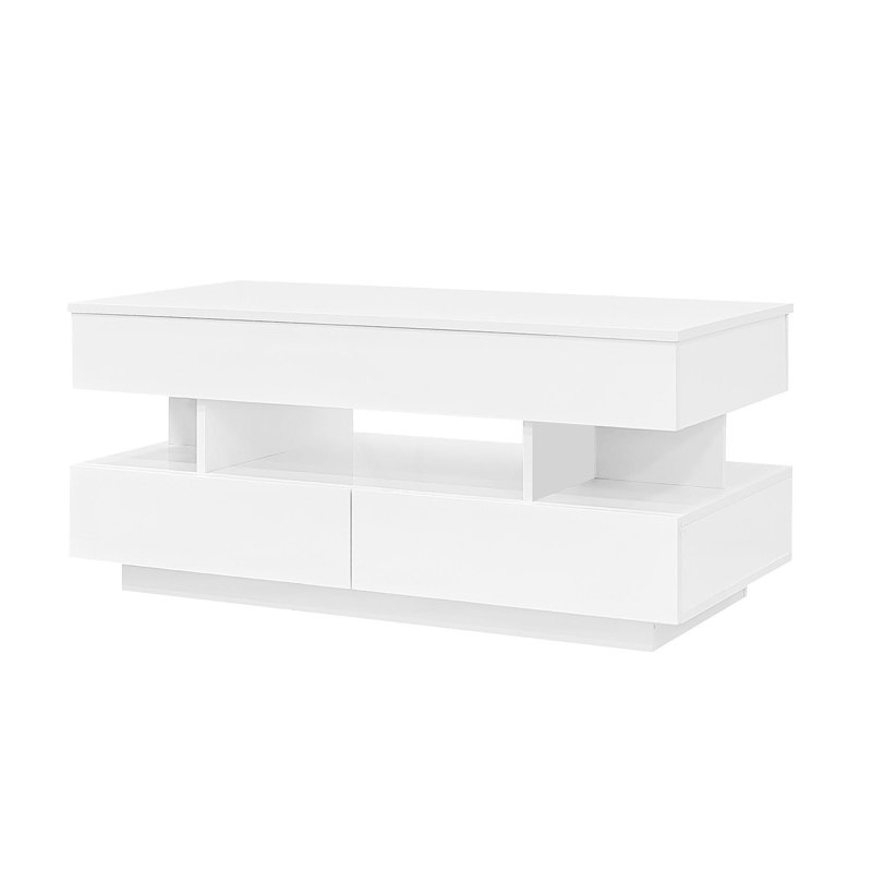 Table basse à plateau relevable avec 2 tiroirs, table basse moderne avec compartiment dissimulé adéquat, table basse à plateau relevable multifonctionnel avec finition ultrabrillante pour le salon