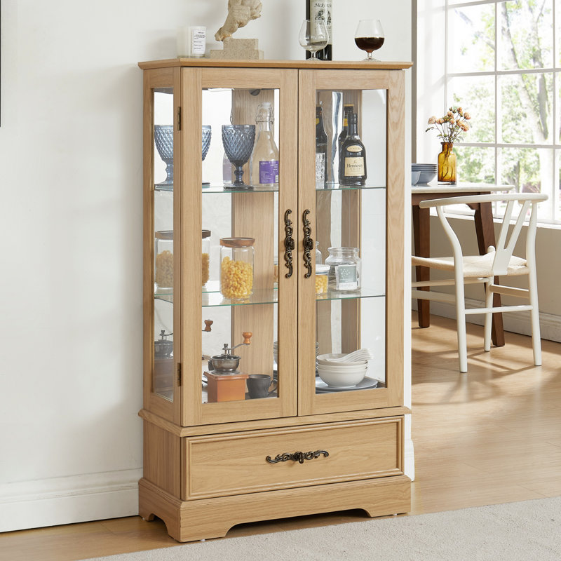 Lighted Glass Curio Display Cabinet With Adjustable Shelves, 2 Doors, 1 Drawer, And Bulb Included For Elegant Storage