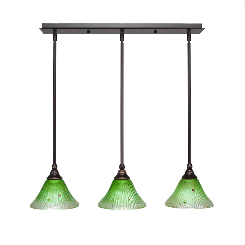 3 Light Stem Hung Linear Pendalier Shown With 7" Teal Crystal Glass, Dark Granite, Blue, 6.5" H x 27" W x 7" D