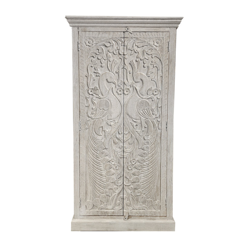Armoire paon en bois massif blanc et gris antique