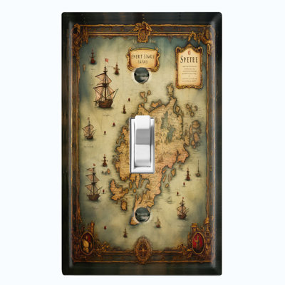 Metal Light Switch Plate Outlet Cover (Ship Travel World Map Biege - Single Toggle)