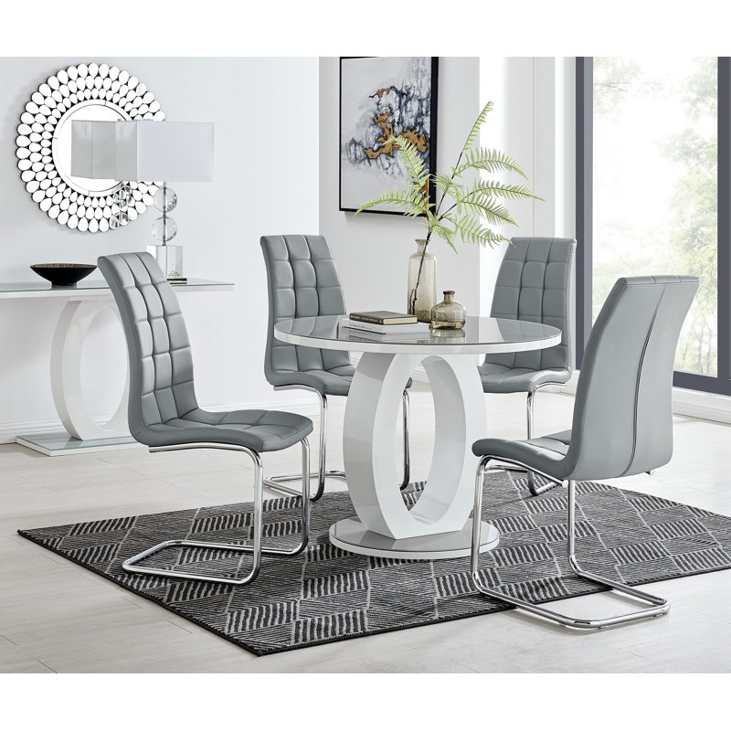Scottsmoor Modern Halo Seat Round Dining Table Set - 4 Upholstered Faux Leather Dining Chairs, Grey, Grey