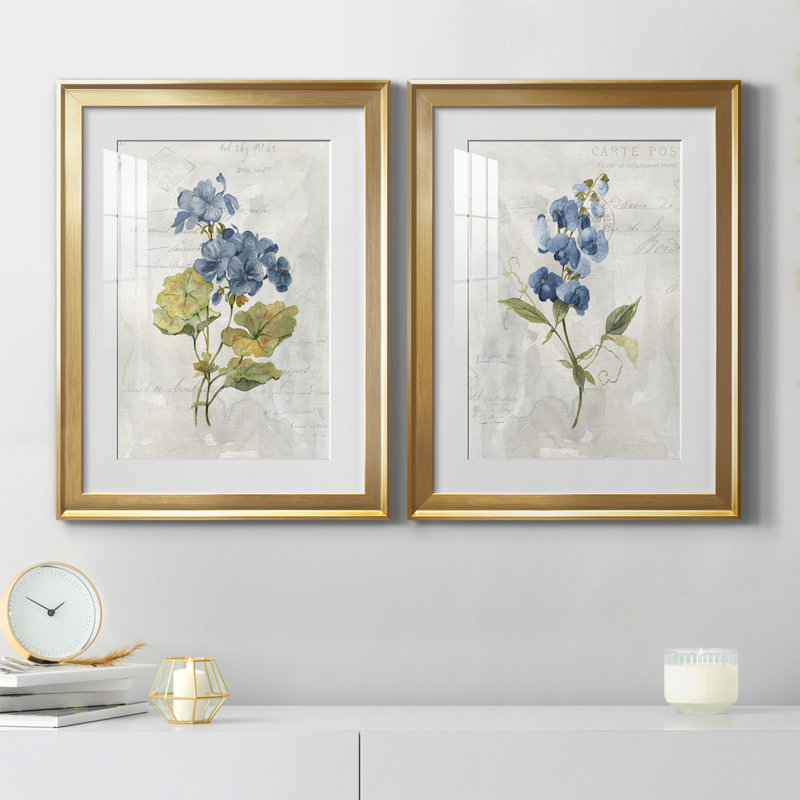 " Blue Linen Geranium " 2 - Pieces, 22.5" H x 61" W x 1.5" D, Gold Framed Paper, White