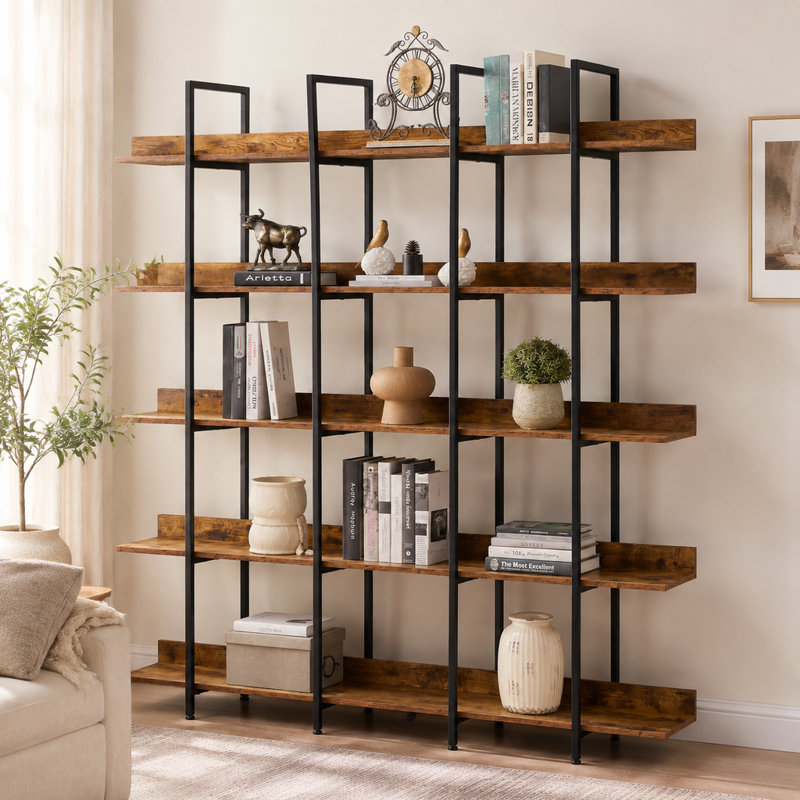 Bibliothèque ouverte à 5 niveaux, style industriel vintage avec structure en métal, étagères en MDF pour bureau à domicile