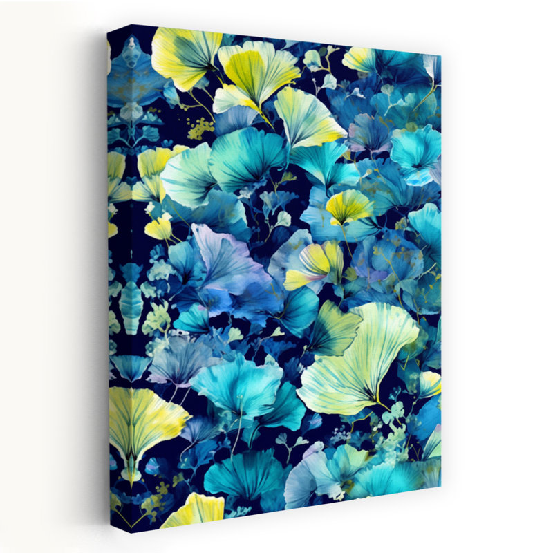 Bleu, jaune, ginkgo, feuilles, abstrait, nature organique moderne, paysage, art mural, H 60 po x l 40 po