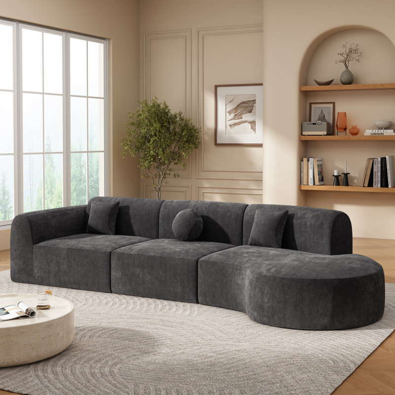Camden 140'' Compression Curved Sectional Sofa, Dark Gray Polyester