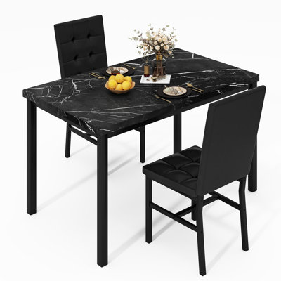 Dining Table Set with 2 Chairs, Marble‑Effect Tabletop & PU Upholstered Chairs, Metal Frame Dining Furniture for Small Apartment Kitchen