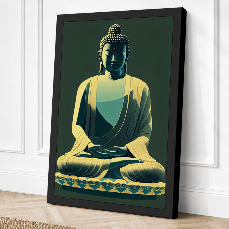 Golden Buddha in Meditation Japandi 1 Piece Wrapped Canvas Wall Art, 24x16 - 61.0 x 40.6 cm, Black Border