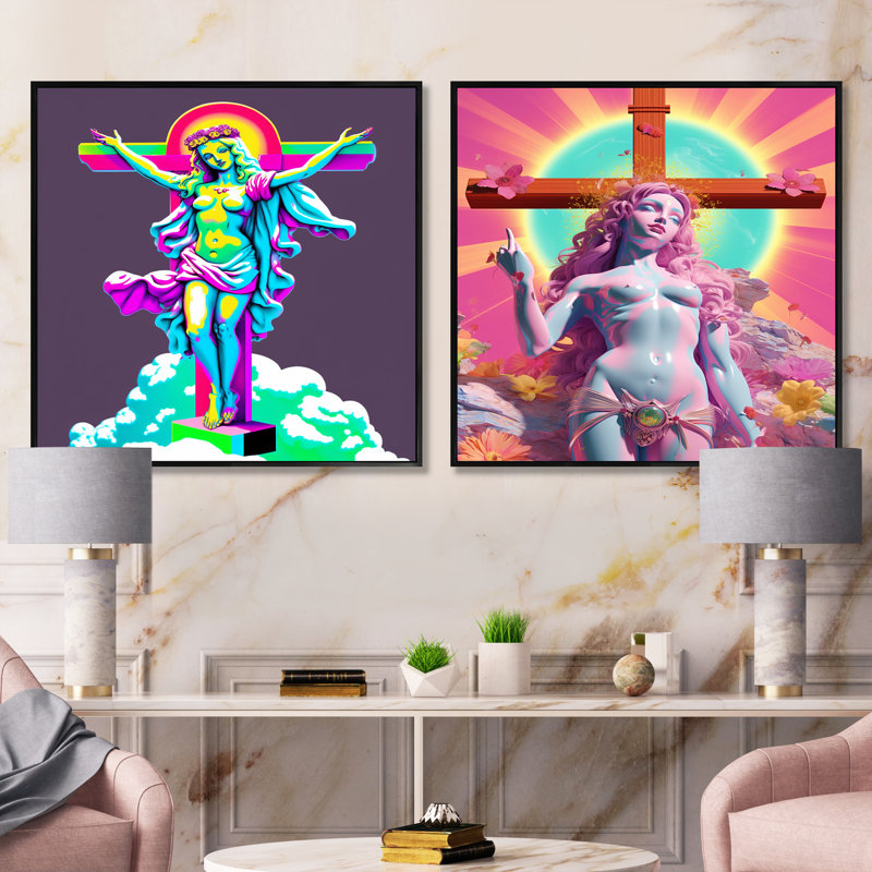 «Barbie Jesus Vibrant Rainbow Colors», 2 pièces, Cadre flottant noir, H 16 po x l 33 po