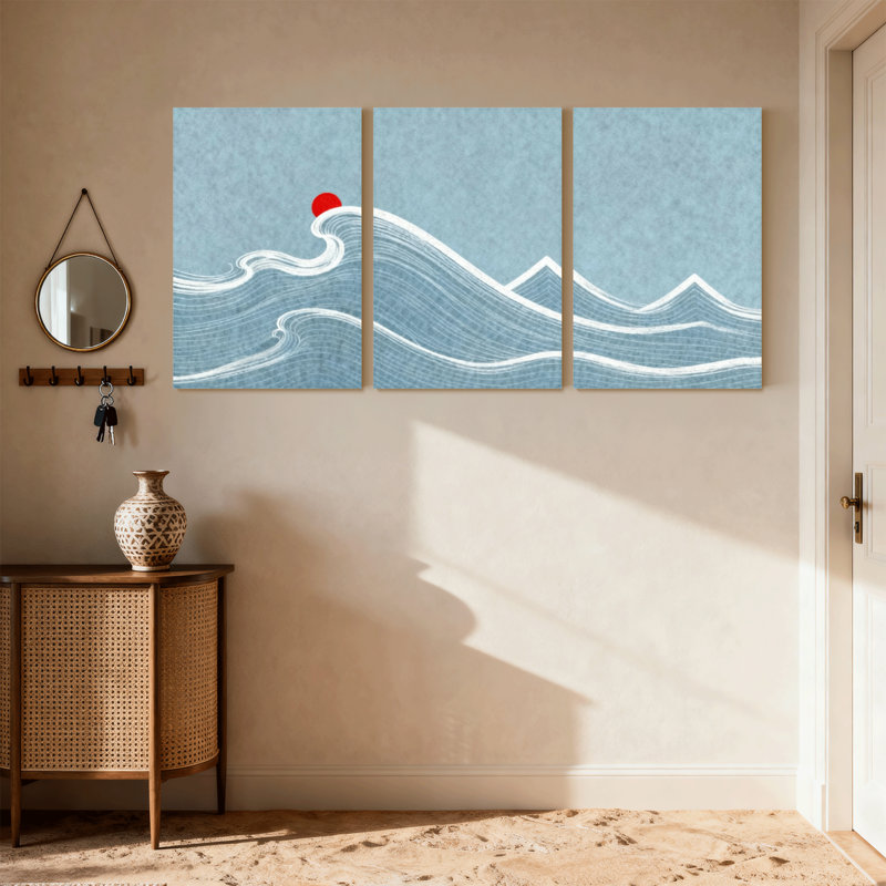 Ensemble de 3 impressions sur toile "Nautical & Beach Wave" avec soleil rouge et ciel bleu, H 18 po x l 36 po