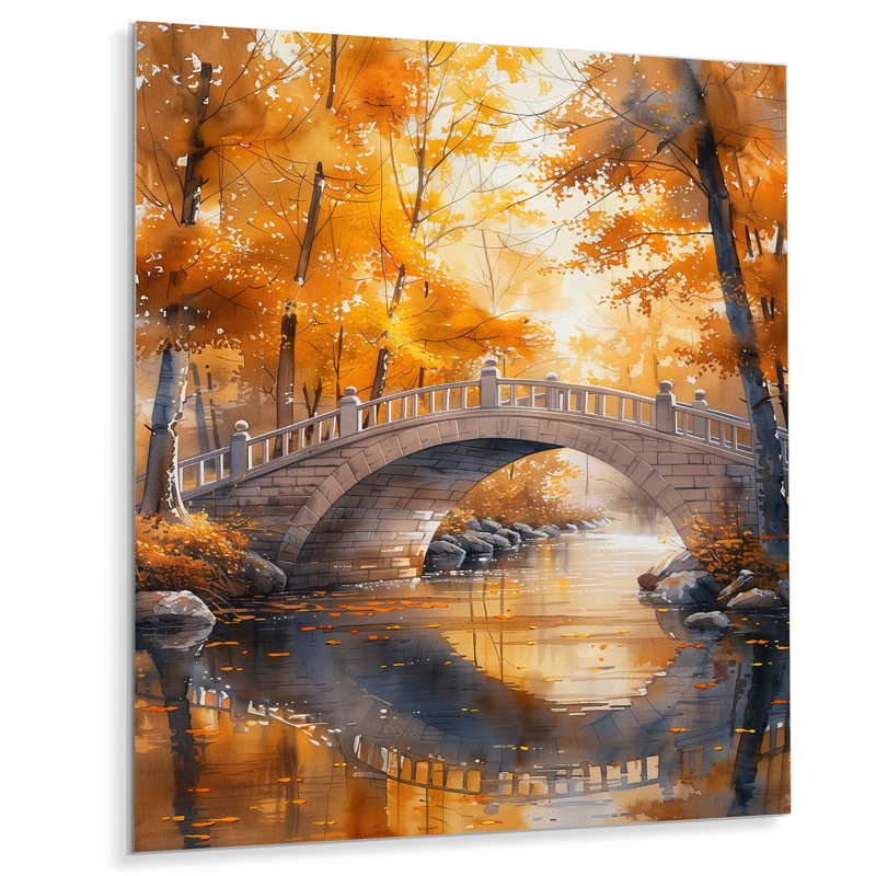 Jaune et beige, automne, rivière de beauté, pont V, Métal métal, H 24 po x l 32 po
