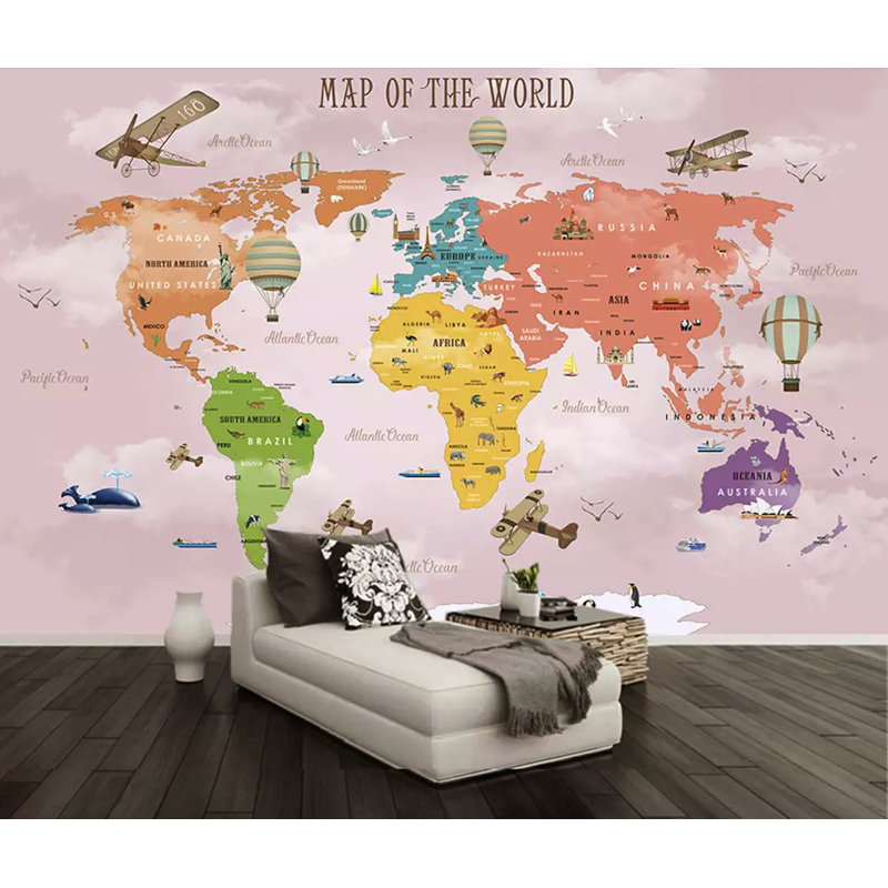 Adhésif mural carte du monde colorée et montgolfière Exley, L 114 po x l 204 po