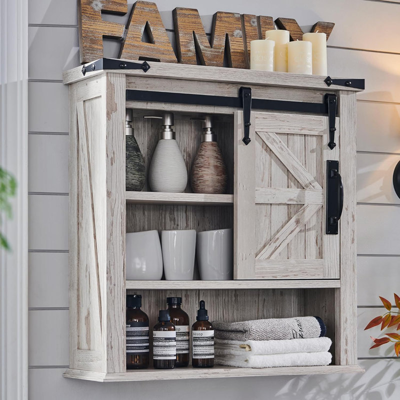 23.5" W Farmhouse Sliding Barn Door Wall Cabinet, Antique Brush White