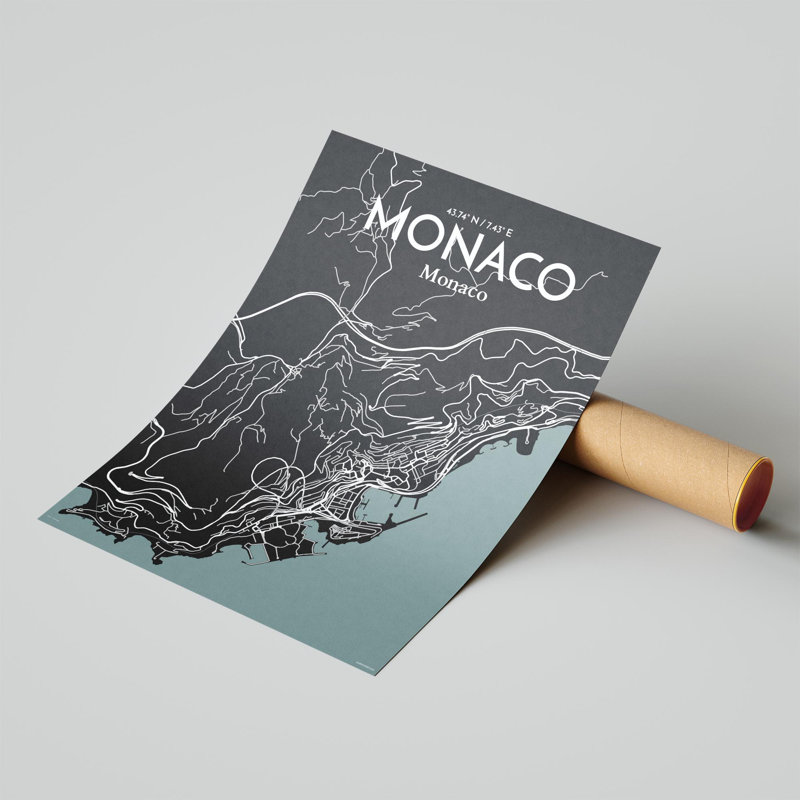 Monaco City Map, impression, Gris / noir, H 24 po x l 18 po