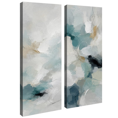 Ensemble de 2 impressions sur toile encadrées, bleu sarcelle neutre, style abstrait – 81 x 30 x 5 cm