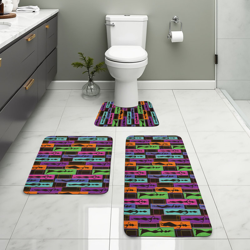  African Bathroom Rug Set 3 Pieces U-Shape & Rectangle Mats Multicolor