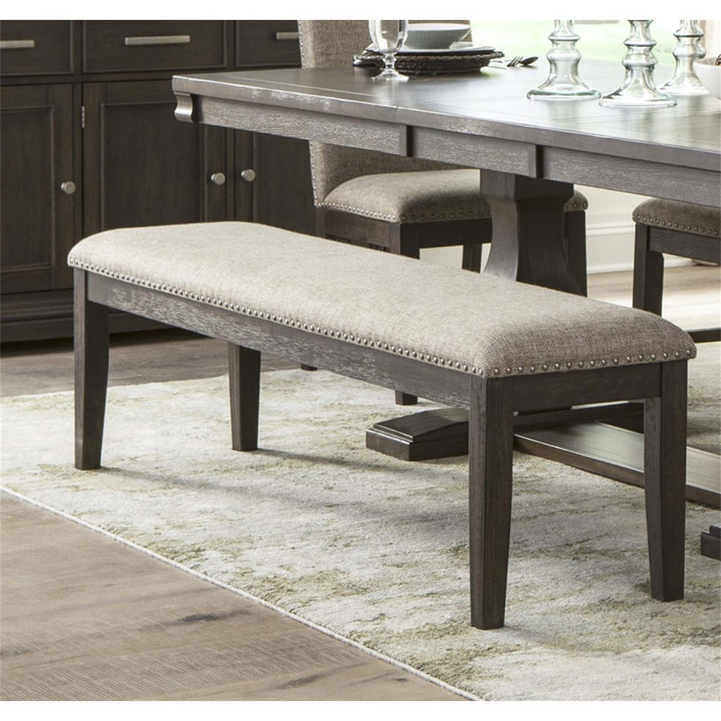 Banc en bois de style traditionnel avec siège rembourré et garniture cloutée, finition brossée rustique pour les salles à manger