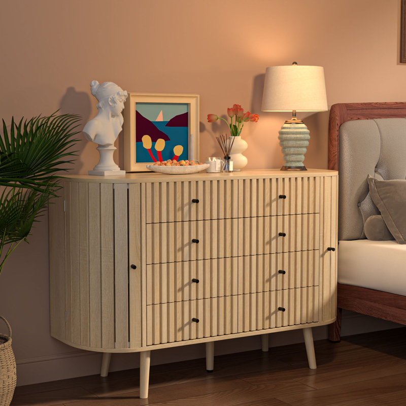 8 Drawers Dresser With Doors, Fluted Chest Of Drawers, Farmhouse Clothes Storage Organizer For Bedroom, Wood