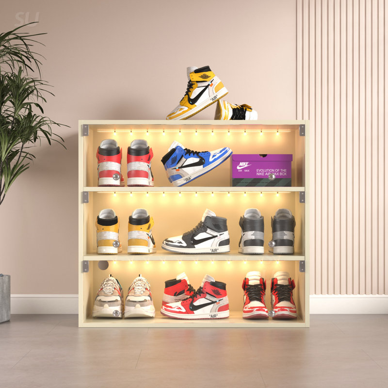 Boîte à chaussures à DEL avec trois couches et portes en verre, Blanc cassé