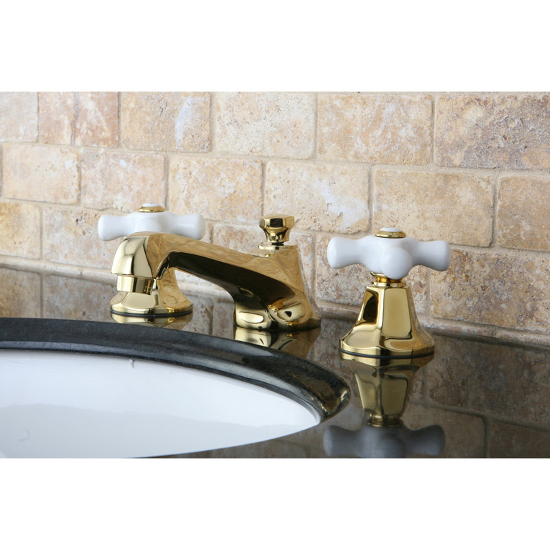 Kingston Brass Metropolitan Two-Handle 3-Hole Deck Mount Widespread Bathroom Faucet with Brass Pop-Up Drain, Polished Brass