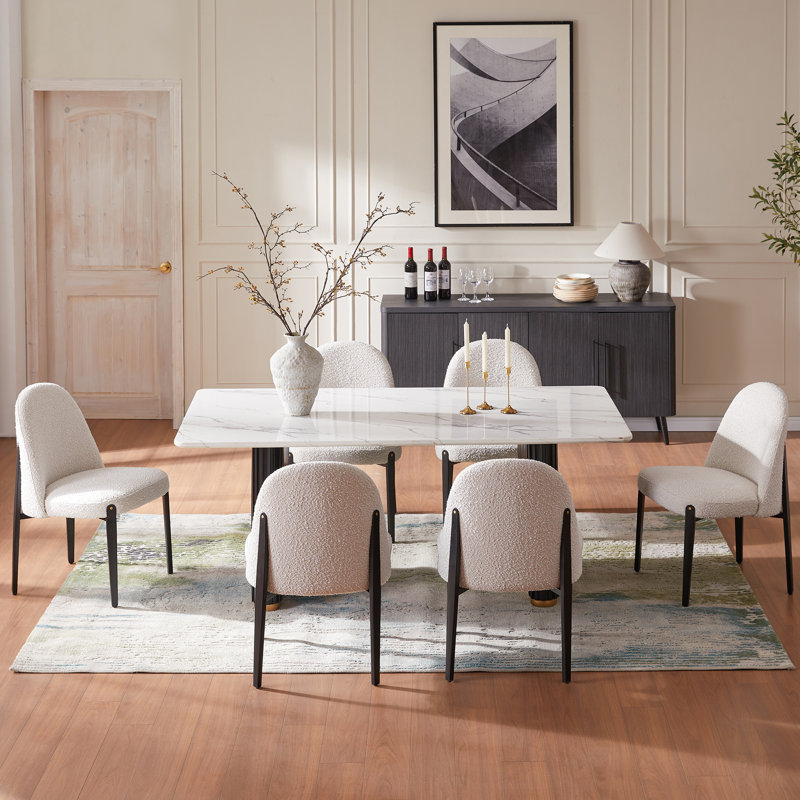 Ensemble de salle à manger à double piédestal pour 6 personnes, Blanc, 7 pièces : table, 6 chaises